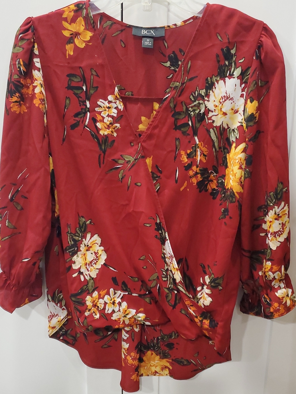 BCX Red Floral Wrap Blouse with Yellow & Cream Flowers